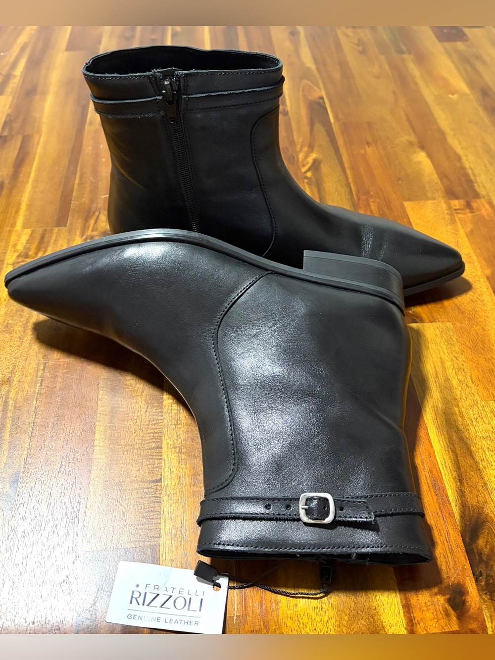 NWT. Rizzoli Black Pointed genuine Leather stylish classic women’s ankle boots.